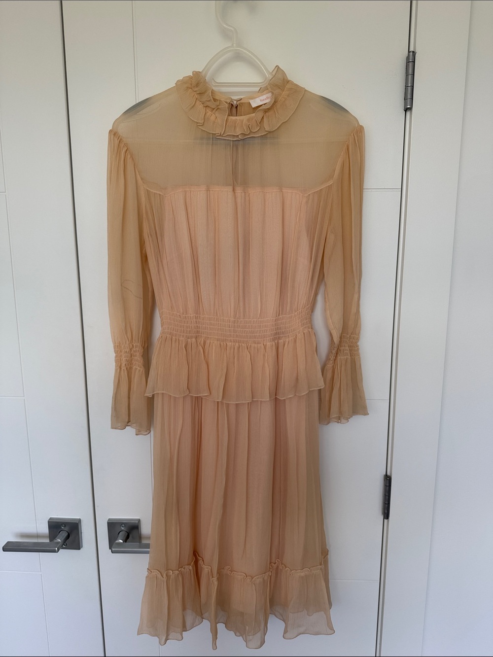 See By Chloe Sheer Ruffle-Neck Midi Dress in Peach